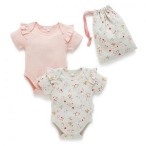 Purebaby有機棉嬰童短袖包屁衣兩件組-粉色印花