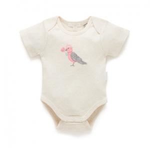 Purebaby有機棉嬰童短袖包屁衣 -小鳥貼布繡