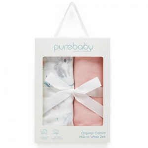 Purebaby有機棉嬰兒多功能紗布巾禮盒-粉紅印花