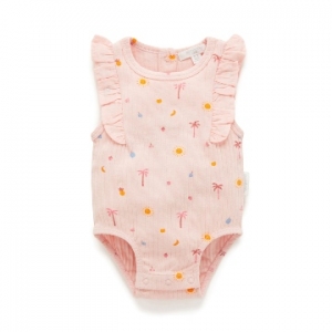 Purebaby有機棉嬰兒無袖包屁衣-粉紅印花