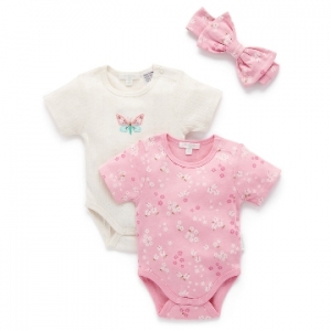 Purebaby有機棉嬰兒包屁衣發帶組-粉色組