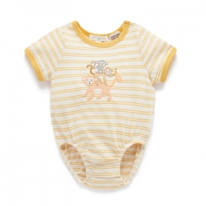 Purebaby有機棉嬰兒短袖包屁衣-黃色猴子