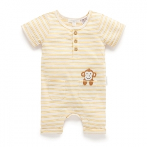 Purebaby有機棉嬰童短袖連身裝-黃色條紋
