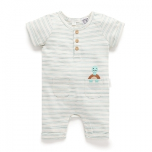 Purebaby有機棉嬰童短袖連身裝-綠色條紋