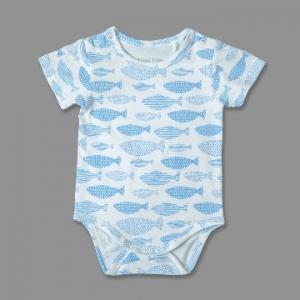 Deux Filles有機棉嬰兒肩開扣包屁衣-藍色小魚