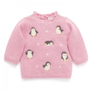 Purebaby有機棉女童長袖針織上衣-粉色企鵝