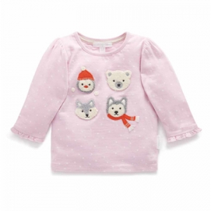 Purebaby有機棉女童長袖上衣-粉色動物刺繡