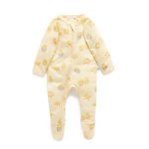 Purebaby有機棉嬰兒包腳連身衣-黃色咕咕雞