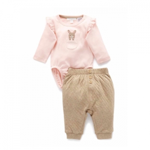 Purebaby有機棉嬰兒包屁衣褲套裝-粉紅兔