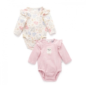 Purebaby有機棉嬰兒長袖包屁衣2件組-粉紅貓頭鷹