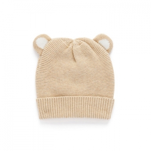 Purebaby有機棉 嬰童針織帽-米黃色熊耳
