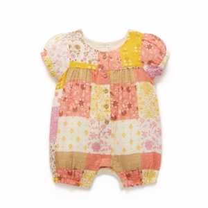 Purebaby有機棉嬰兒短袖連身衣-拼布印花