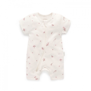 Purebaby有機棉嬰兒短袖連身衣-粉香草