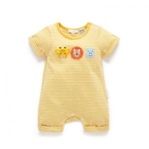 Purebaby有機棉嬰兒短袖連身衣-黃條紋