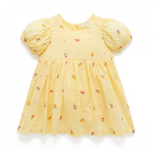 Purebaby 有機棉嬰童洋裝包屁衣-黃色繡花