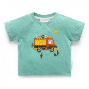 Purebaby有機棉男童短袖上衣-湖水綠餐車