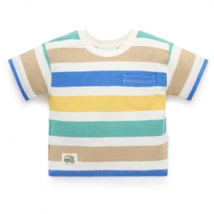 Purebaby有機棉男童短袖上衣-藍綠黃條紋