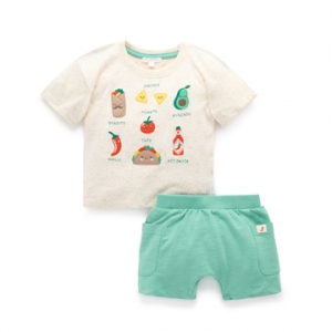 Purebaby有機棉嬰童短上衣褲套裝-白綠色