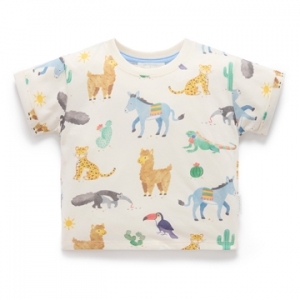 Purebaby有機棉男童短袖上衣-米白動物