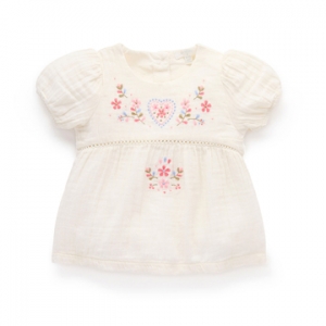 Purebaby有機棉女童短袖上衣-米白繡花