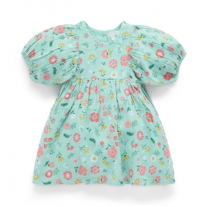 Purebaby有機棉女童短袖洋裝-綠色花卉