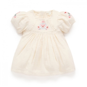 Purebaby有機棉女童短袖洋裝-米白繡花