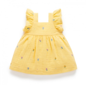 Purebaby有機棉女童短袖洋裝-黃色繡花