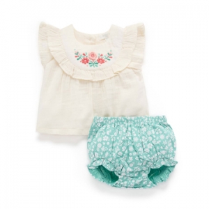 Purebaby有機棉嬰童短上衣褲套裝-米白繡花