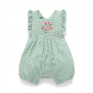 Purebaby有機棉嬰兒短袖連身衣-綠格荷葉袖