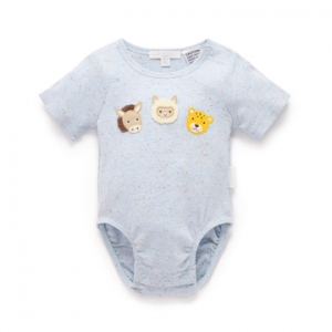 Purebaby有機棉嬰兒短袖包屁衣-灰藍毛驢