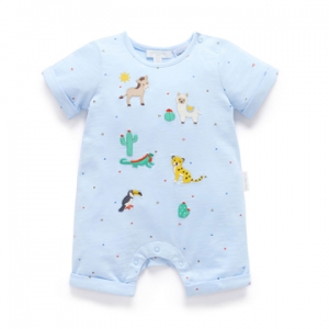Purebaby有機棉嬰兒短袖連身衣-粉藍動物