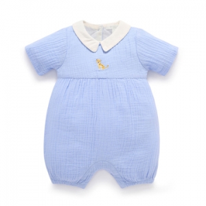 Purebaby有機棉嬰兒短袖連身衣-粉藍皺褶