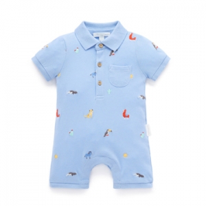 Purebaby有機棉嬰兒短袖連身衣-粉藍POLO
