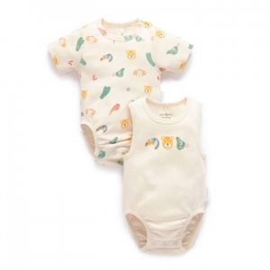 Purebaby有機棉嬰兒短袖包屁衣2件組-南美動物