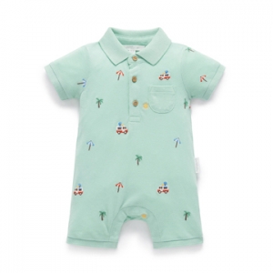 Purebaby有機棉嬰兒短袖連身衣-粉綠POLO